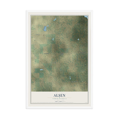 Map of Alsen, North Dakota, 12 x 18 inch print in a white wood frame