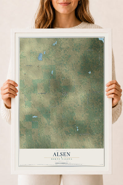 Map of Alsen, North Dakota, 18 x 24 inch print in a white wood frame