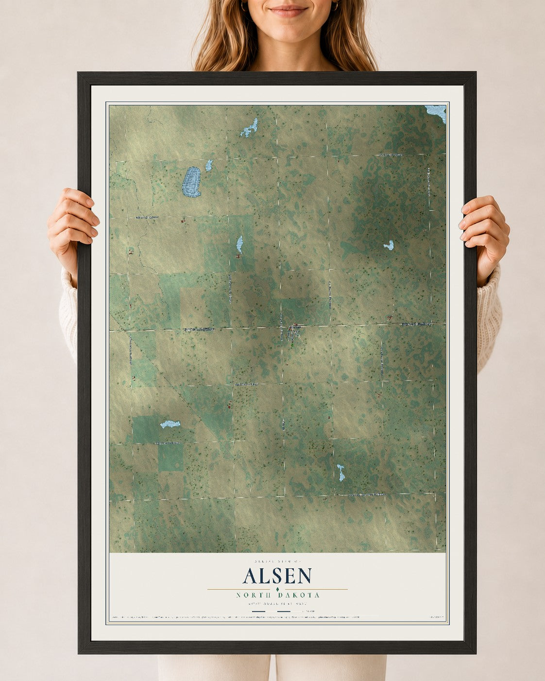 Map of Alsen, North Dakota, 24 x 36 inch print in a black wood frame