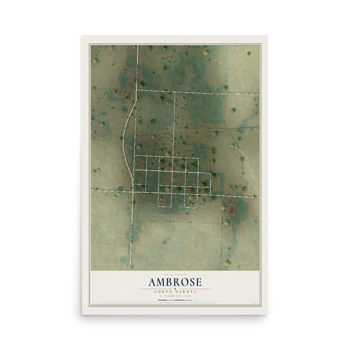 Map of Ambrose, North Dakota, 12 x 18 inch unframed archival matte print