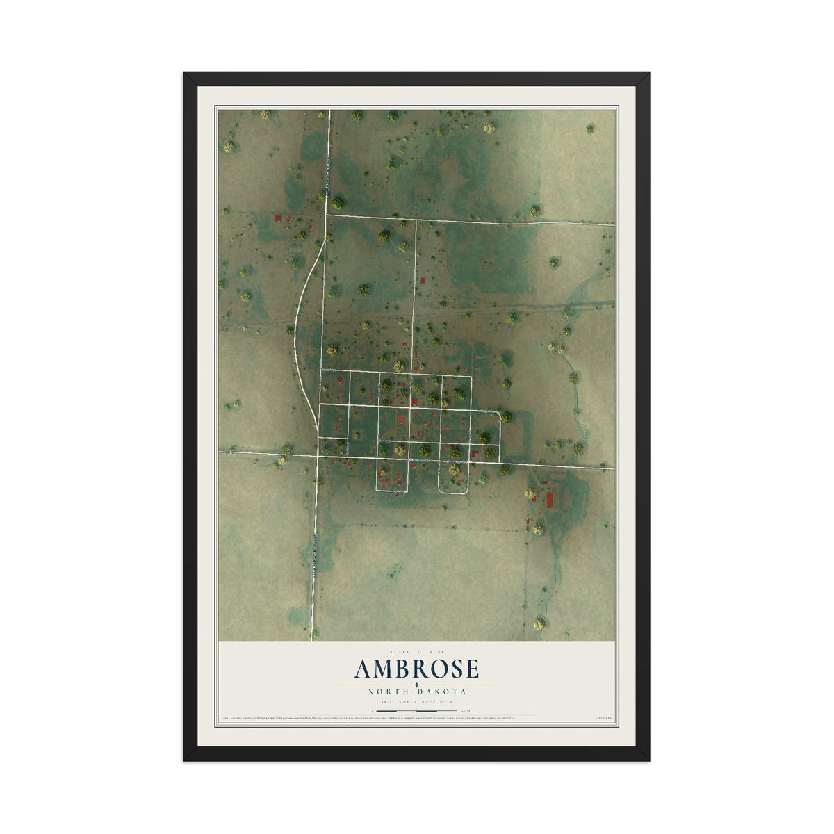 Map of Ambrose, North Dakota, 12 x 18 inch print in a black wood frame