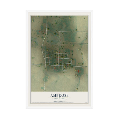 Map of Ambrose, North Dakota, 12 x 18 inch print in a white wood frame
