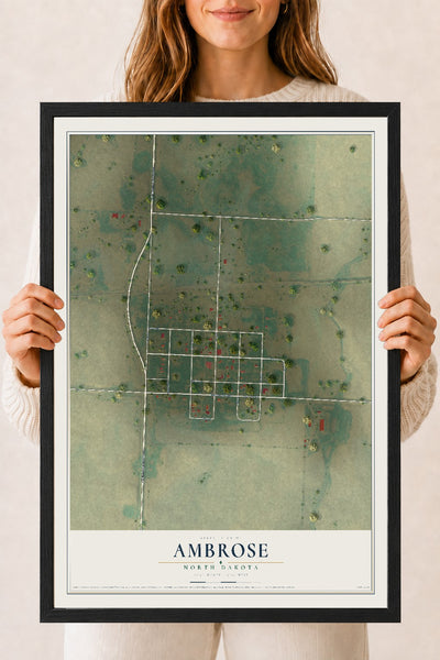 Map of Ambrose, North Dakota, 18 x 24 inch print in a black wood frame
