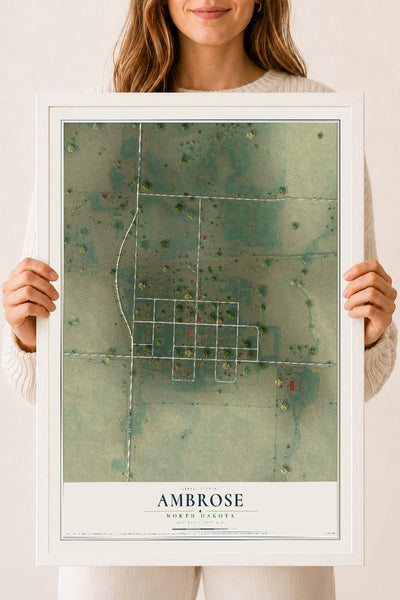 Map of Ambrose, North Dakota, 18 x 24 inch print in a white wood frame