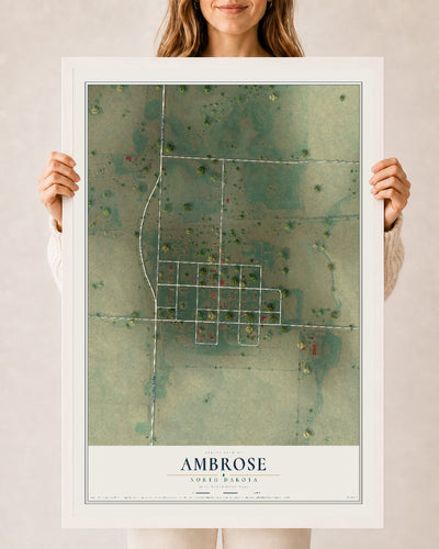 Map of Ambrose, North Dakota, 24 x 36 inch print in a white wood frame