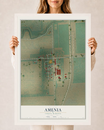 Map of Amenia, North Dakota, 24 x 36 inch print in a white wood frame