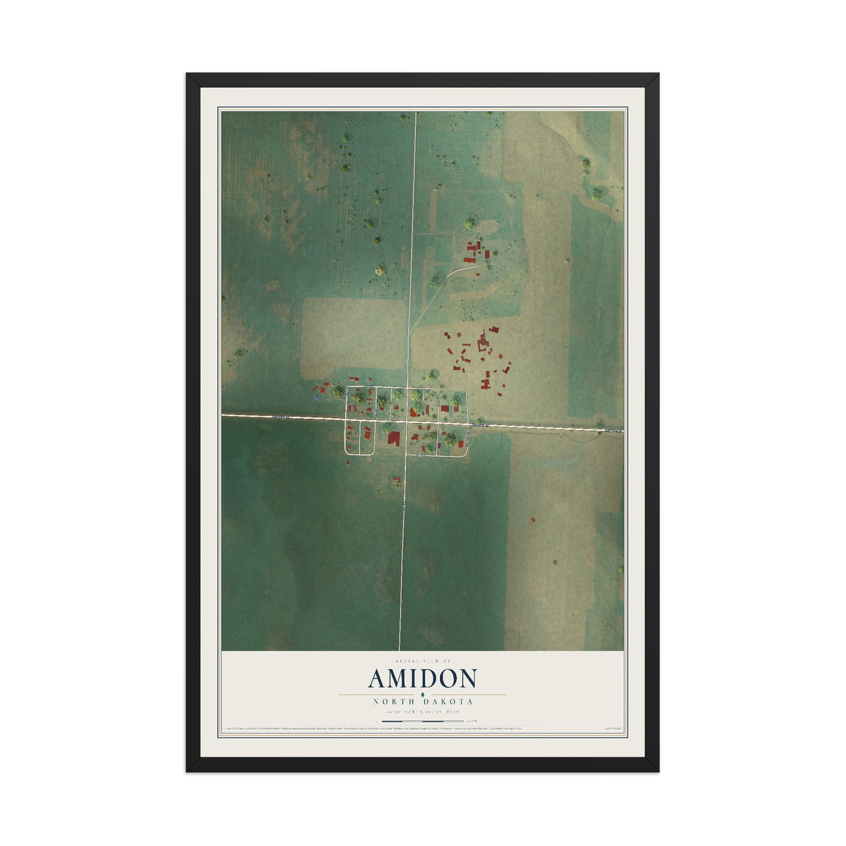 Map of Amidon, North Dakota, 12 x 18 inch print in a black wood frame