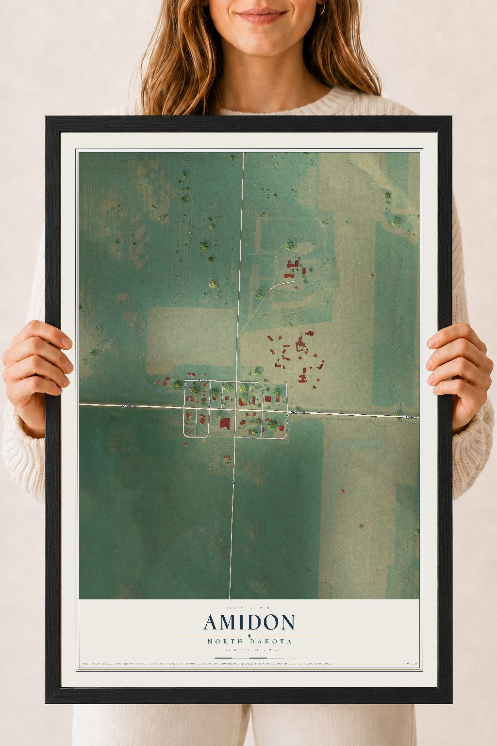 Map of Amidon, North Dakota, 18 x 24 inch print in a black wood frame