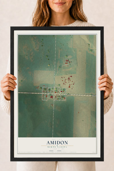 Map of Amidon, North Dakota, 18 x 24 inch print in a black wood frame