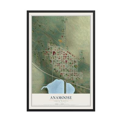 Map of Anamoose, North Dakota, 12 x 18 inch print in a black wood frame