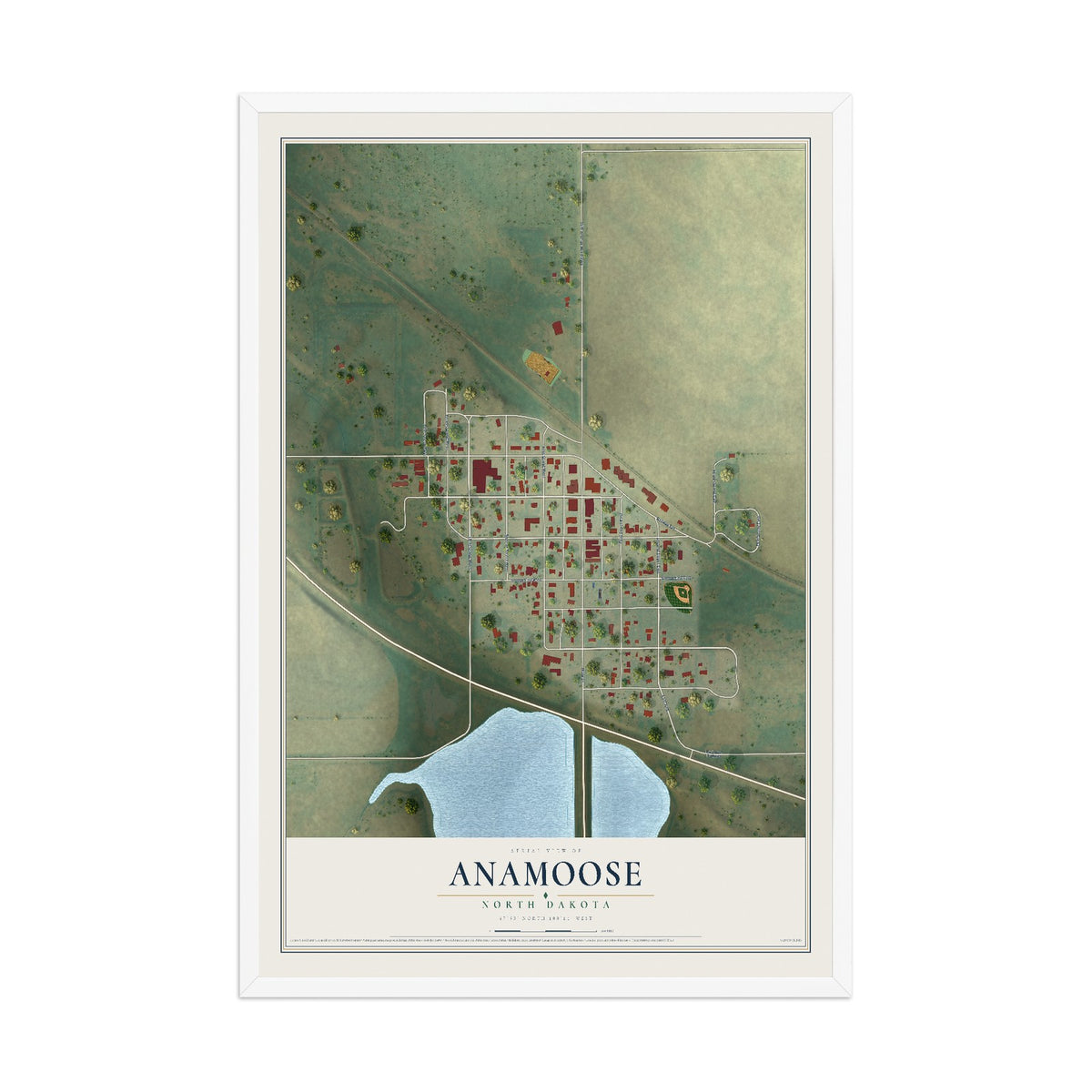 Map of Anamoose, North Dakota, 12 x 18 inch print in a white wood frame