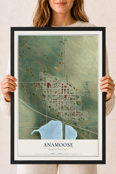 Map of Anamoose, North Dakota, 18 x 24 inch print in a black wood frame