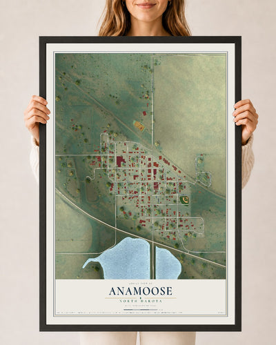 Map of Anamoose, North Dakota, 24 x 36 inch print in a black wood frame