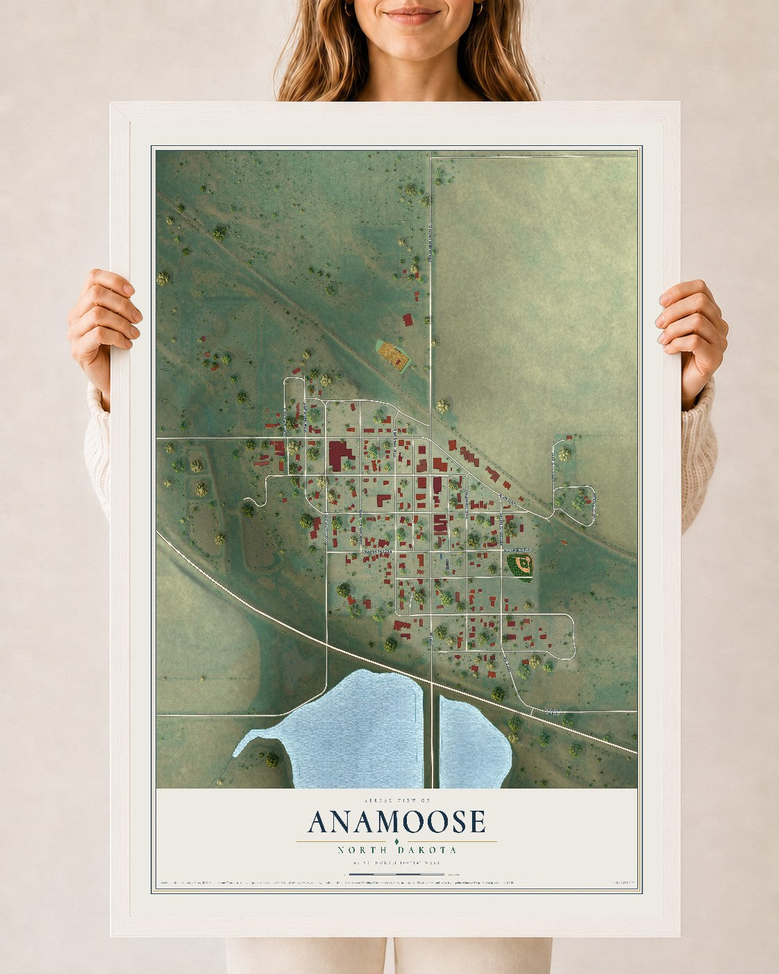 Map of Anamoose, North Dakota, 24 x 36 inch print in a white wood frame