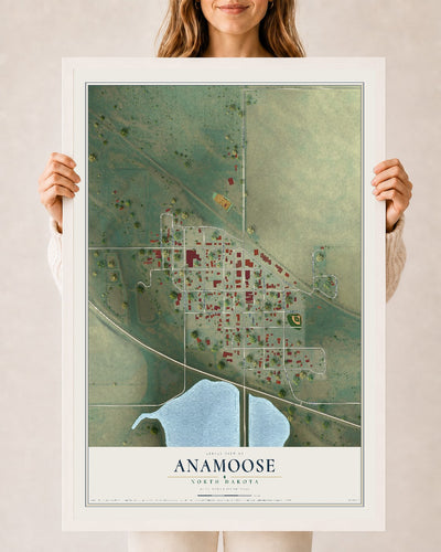 Map of Anamoose, North Dakota, 24 x 36 inch print in a white wood frame