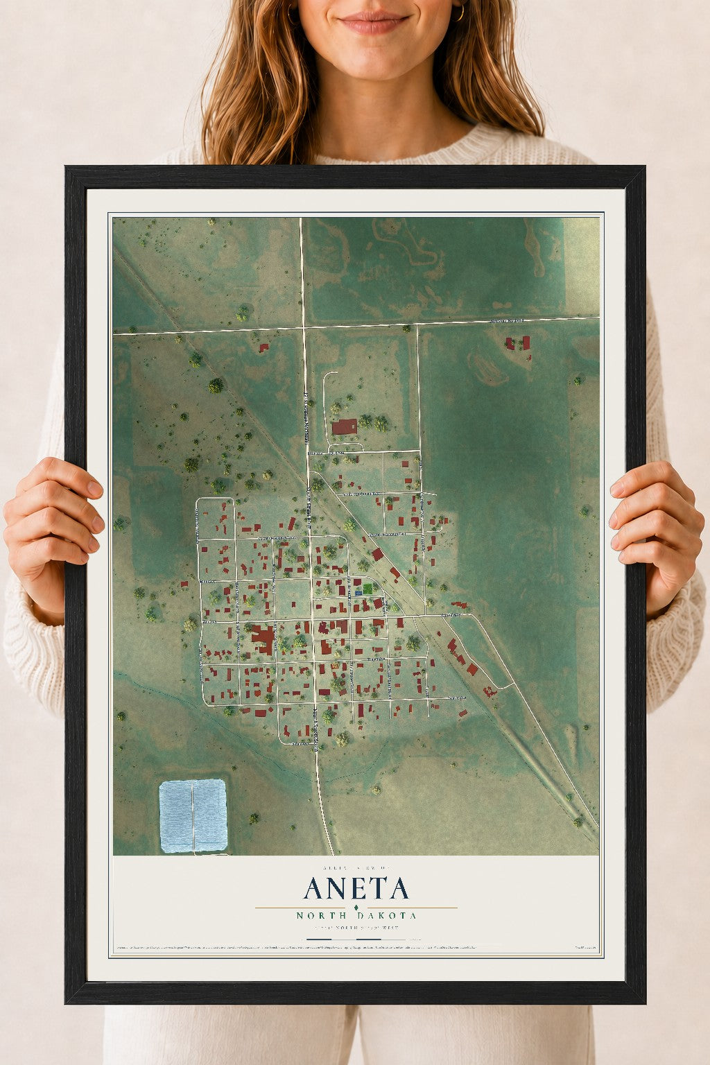 Map of Aneta, North Dakota, 18 x 24 inch print in a black wood frame
