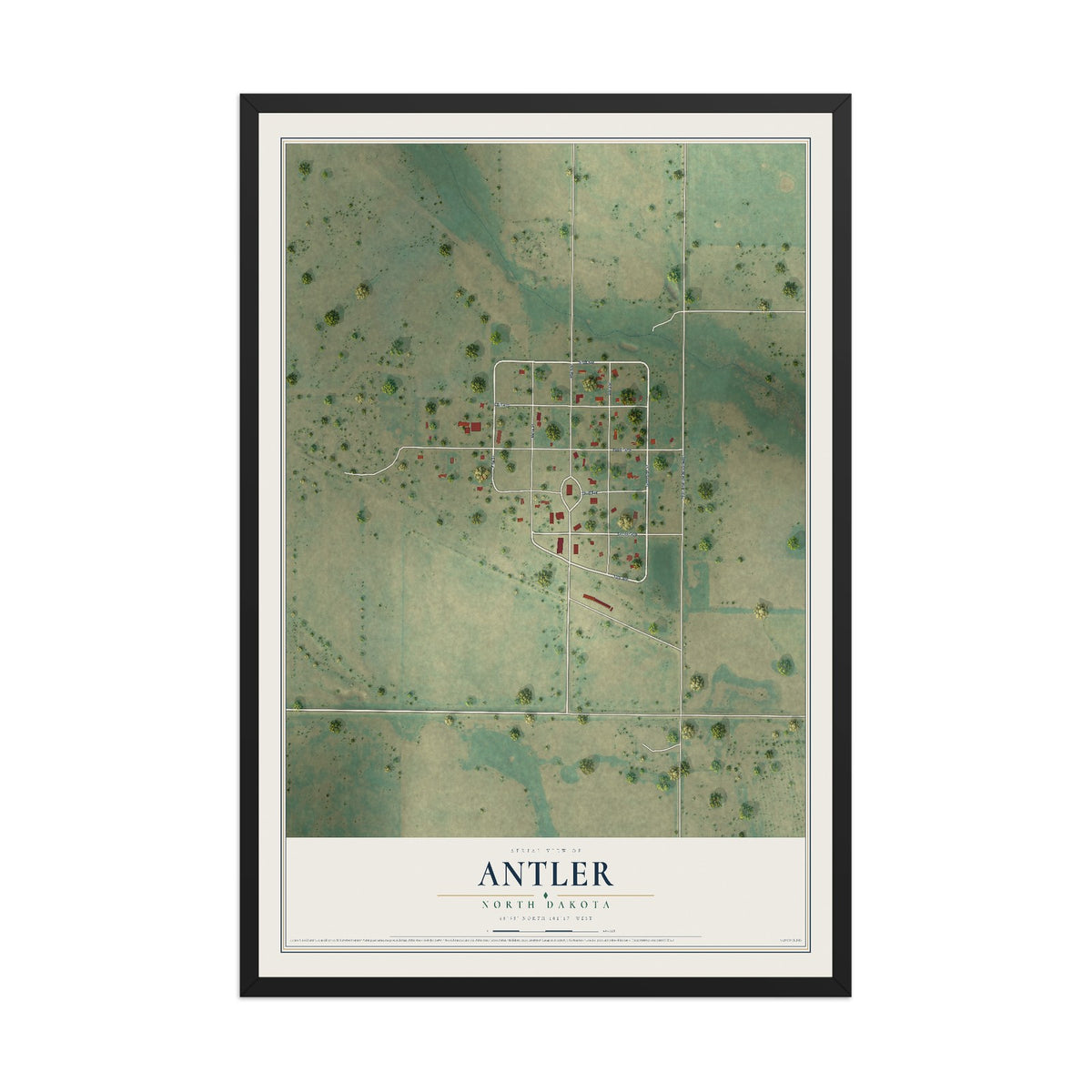 Map of Antler, North Dakota, 12 x 18 inch print in a black wood frame