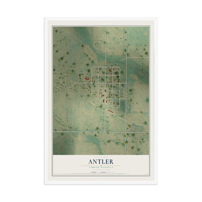 Map of Antler, North Dakota, 12 x 18 inch print in a white wood frame