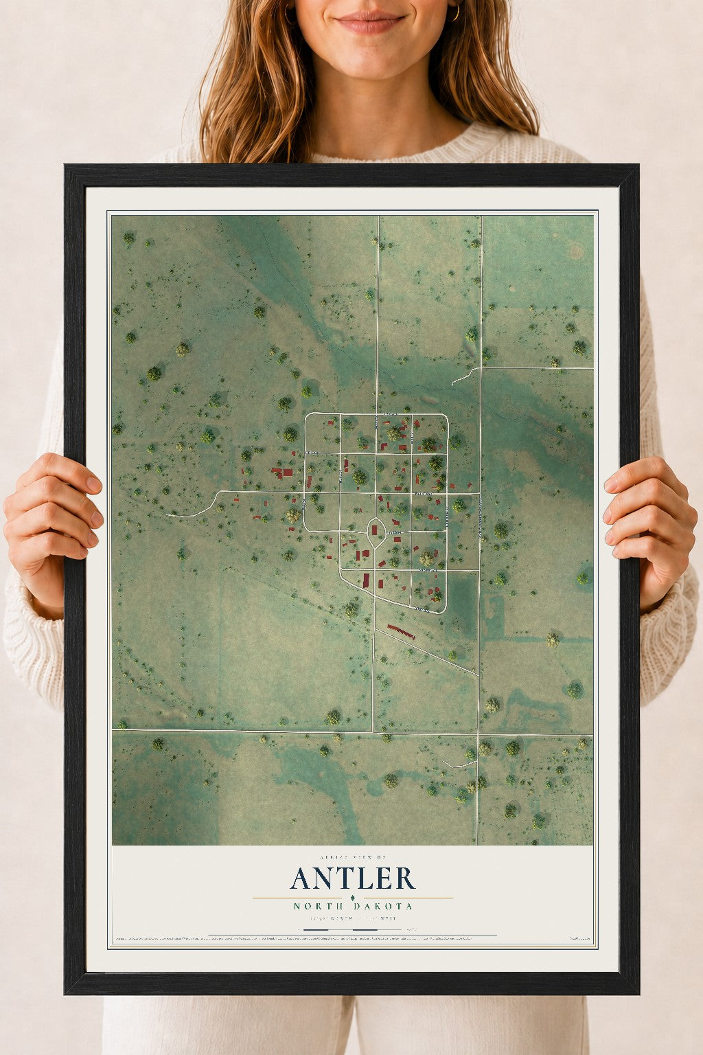 Map of Antler, North Dakota, 18 x 24 inch print in a black wood frame
