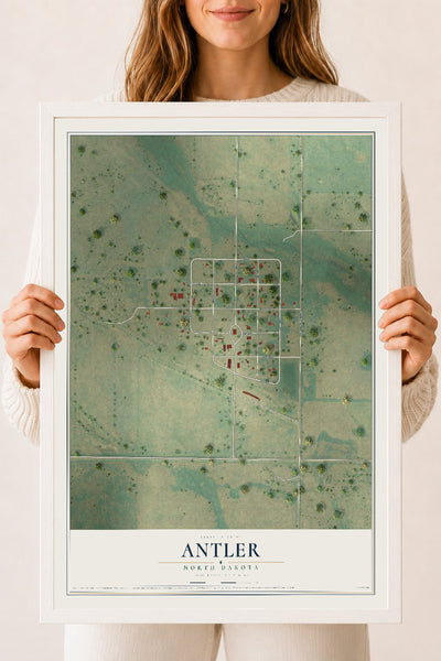 Map of Antler, North Dakota, 18 x 24 inch print in a white wood frame
