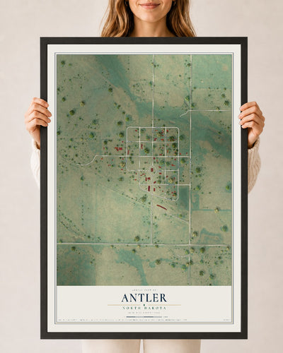 Map of Antler, North Dakota, 24 x 36 inch print in a black wood frame