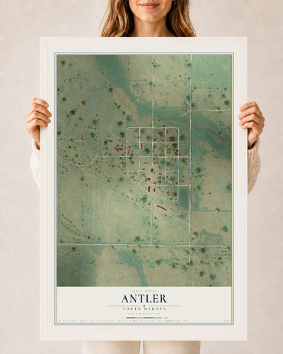 Map of Antler, North Dakota, 24 x 36 inch print in a white wood frame