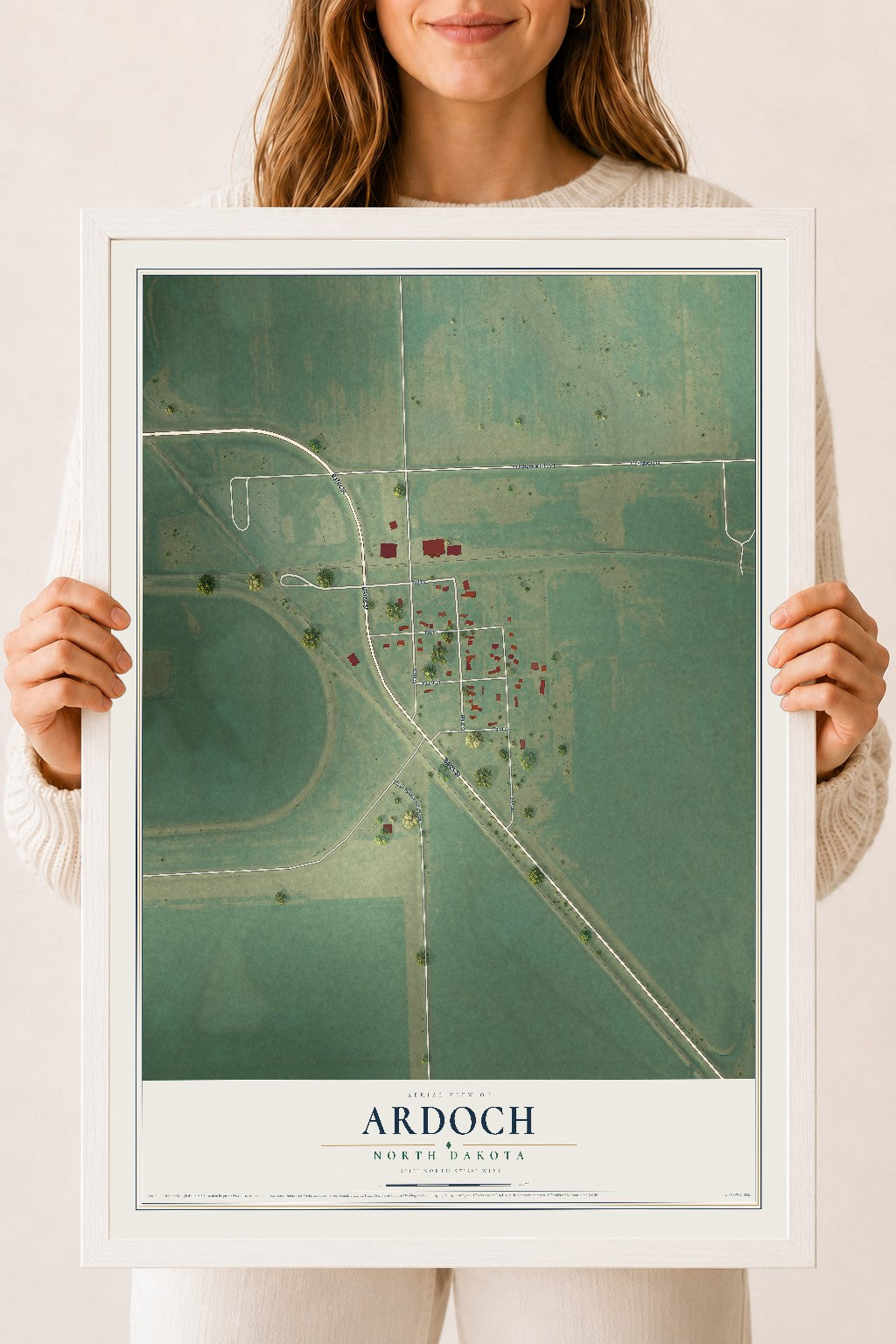 Map of Ardoch, North Dakota, 18 x 24 inch print in a white wood frame