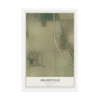 Map of Argusville, North Dakota, 12 x 18 inch print in a white wood frame