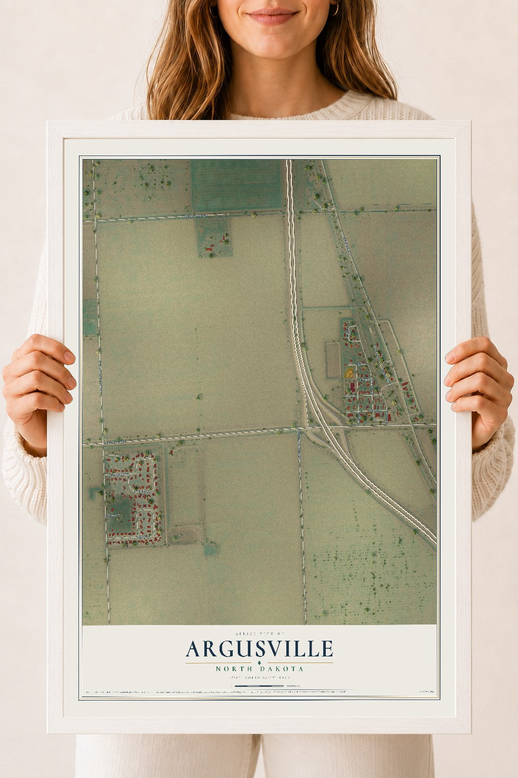 Map of Argusville, North Dakota, 18 x 24 inch print in a white wood frame