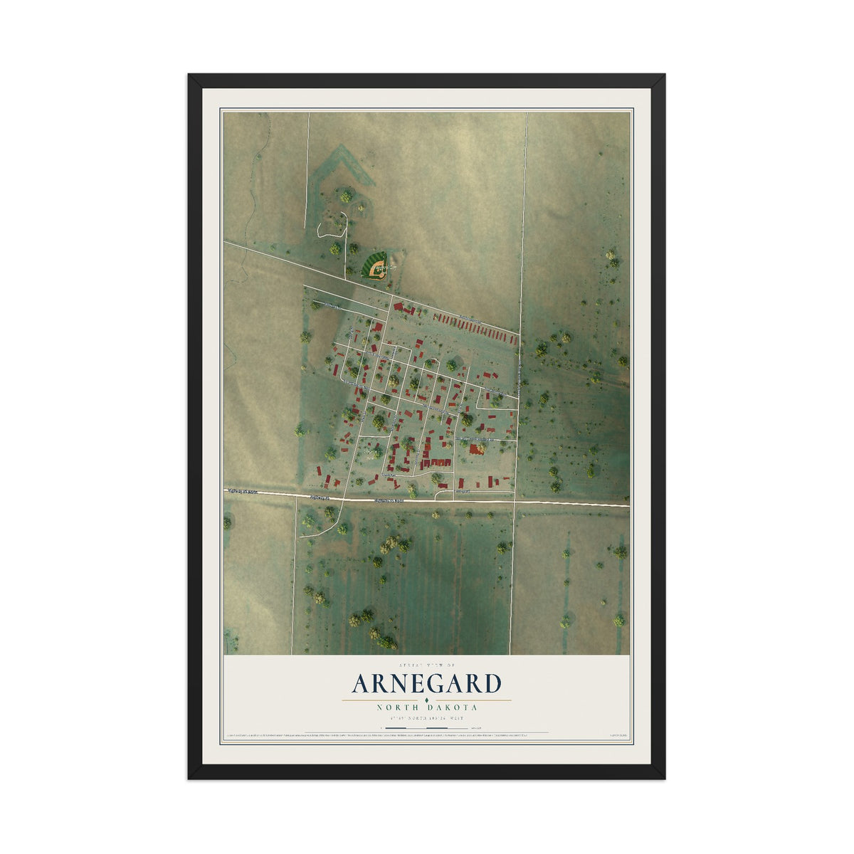 Map of Arnegard, North Dakota, 12 x 18 inch print in a black wood frame