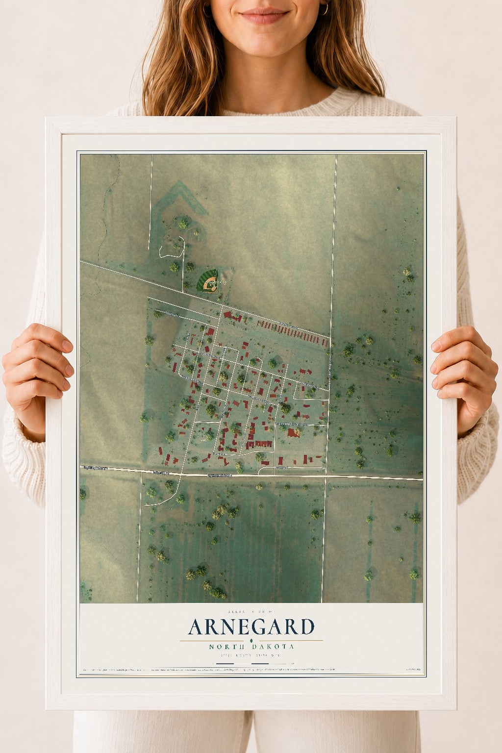 Map of Arnegard, North Dakota, 18 x 24 inch print in a white wood frame
