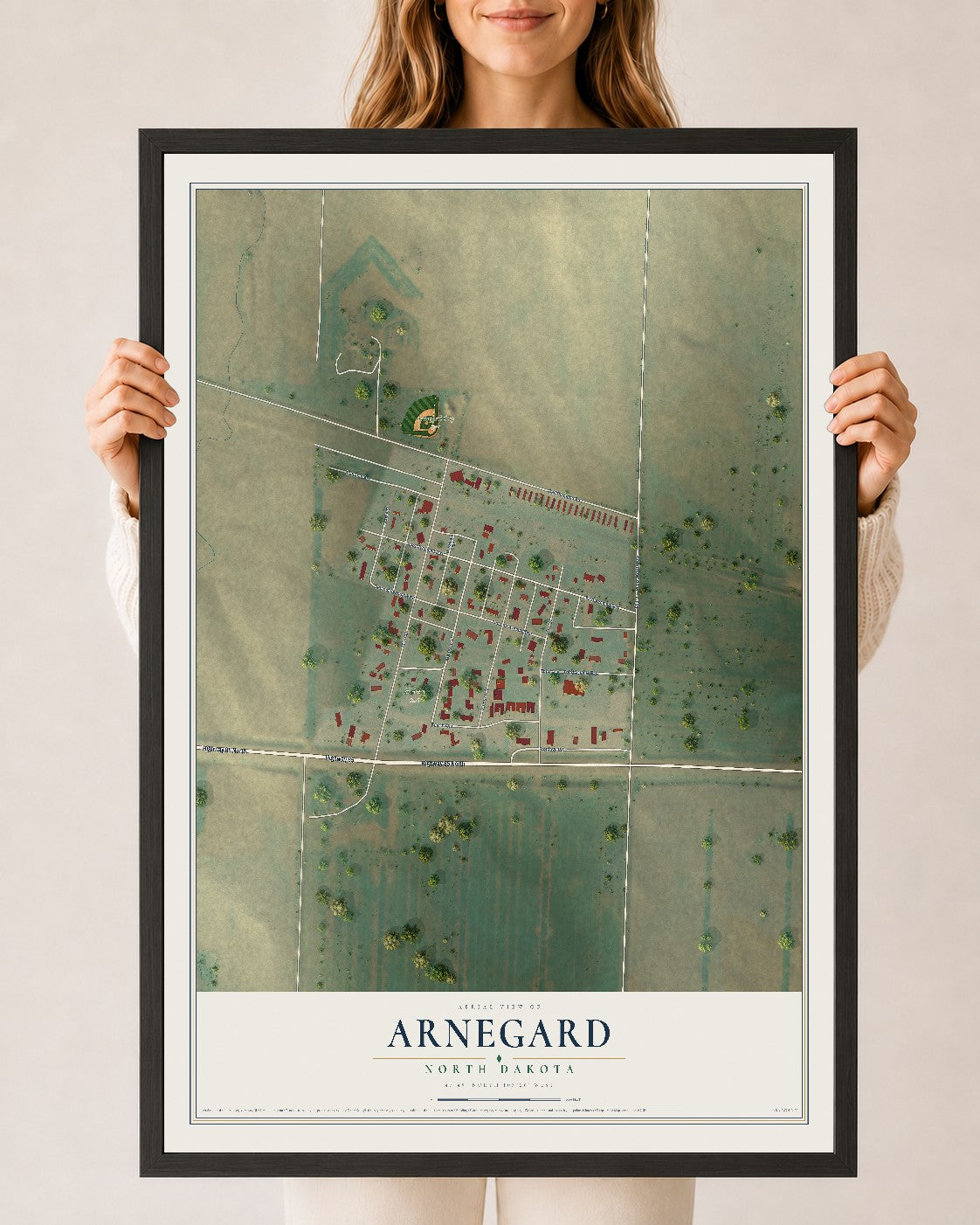 Map of Arnegard, North Dakota, 24 x 36 inch print in a black wood frame