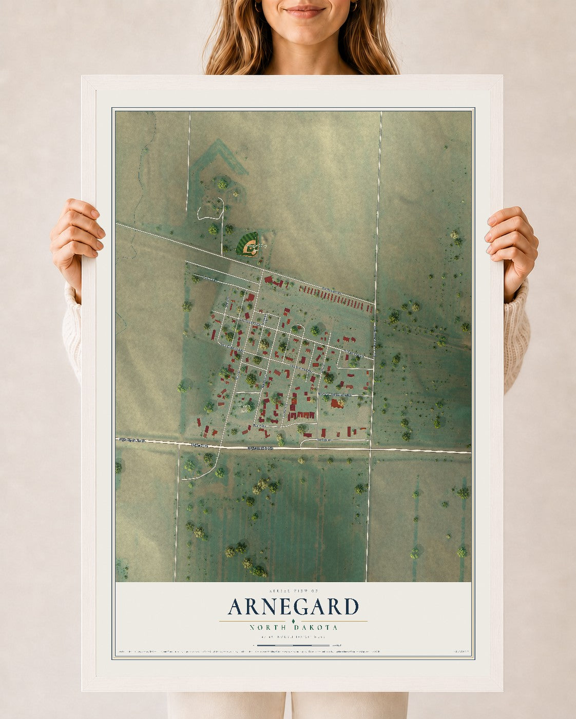 Map of Arnegard, North Dakota, 24 x 36 inch print in a white wood frame