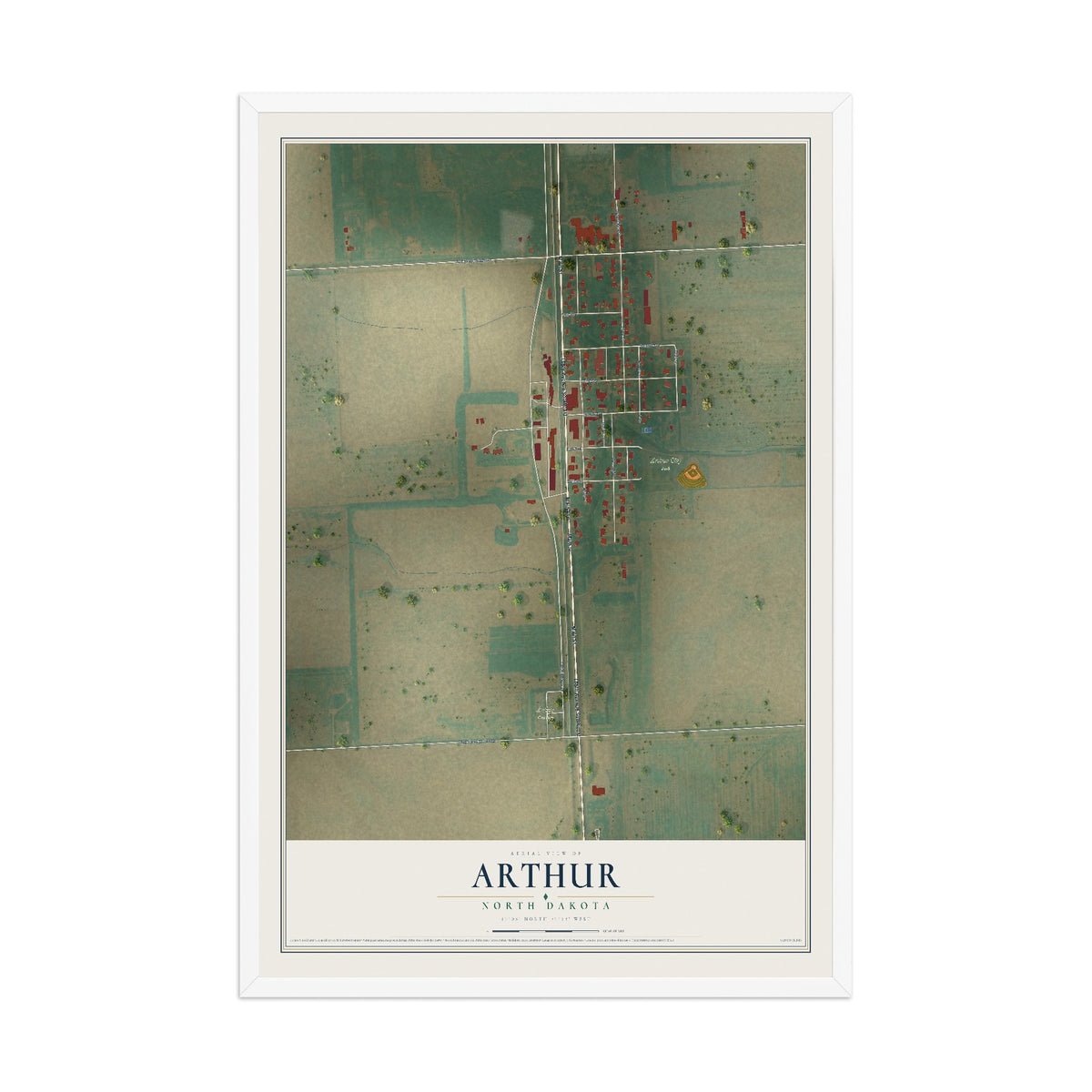 Map of Arthur, North Dakota, 12 x 18 inch print in a white wood frame