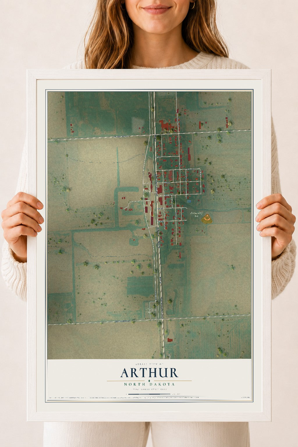 Map of Arthur, North Dakota, 18 x 24 inch print in a white wood frame