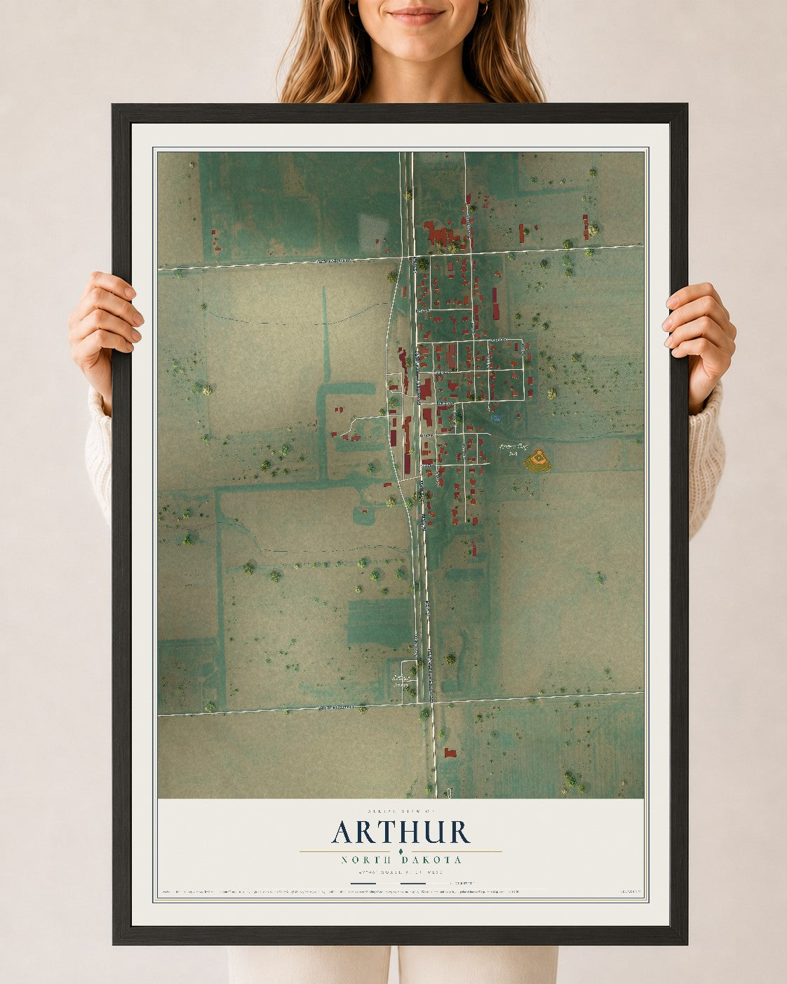 Map of Arthur, North Dakota, 24 x 36 inch print in a black wood frame