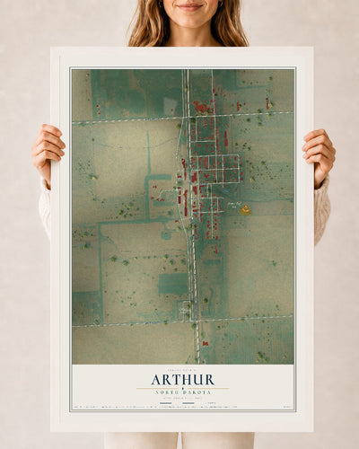 Map of Arthur, North Dakota, 24 x 36 inch print in a white wood frame
