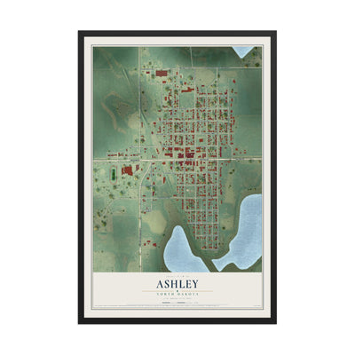 Map of Ashley, North Dakota, 12 x 18 inch print in a black wood frame