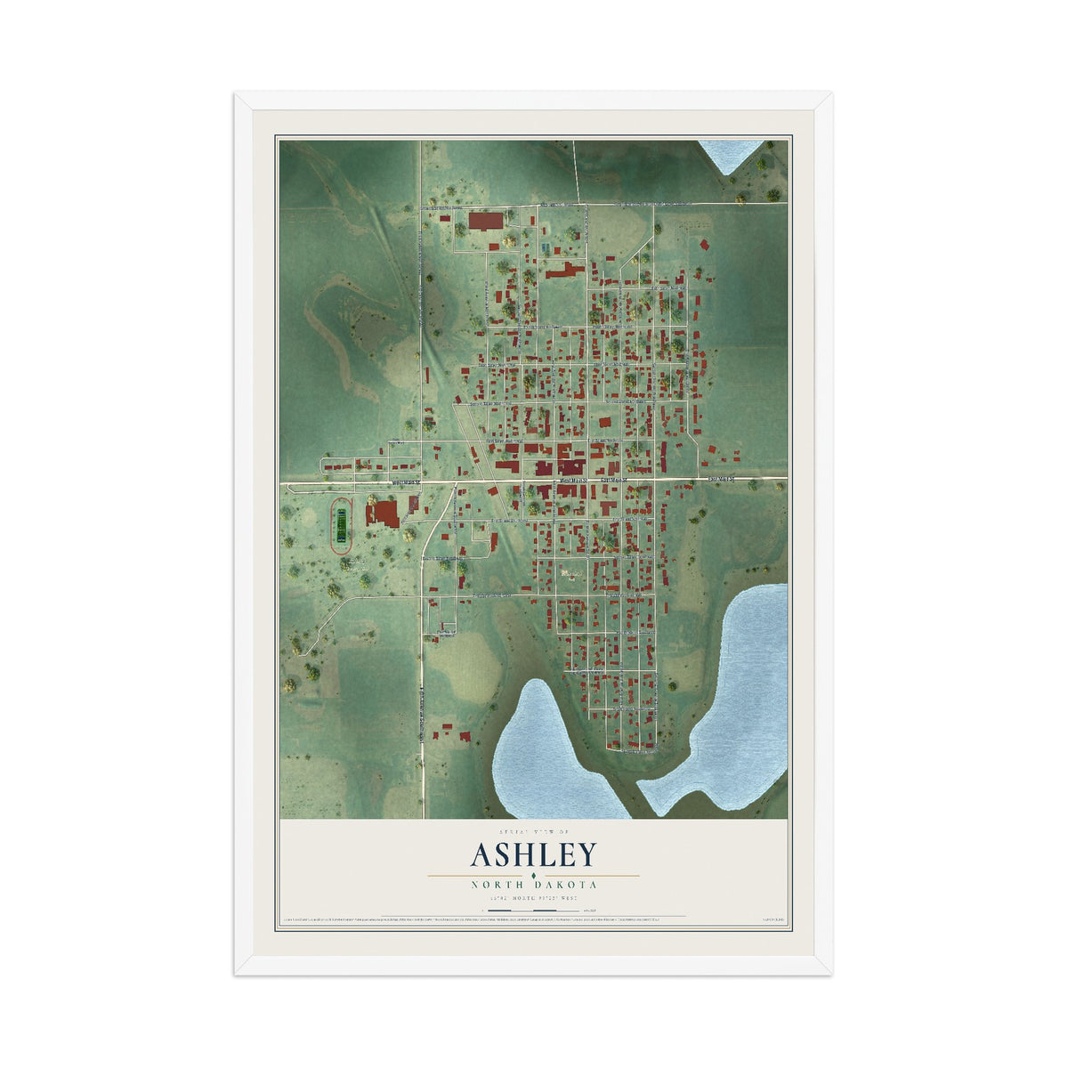 Map of Ashley, North Dakota, 12 x 18 inch print in a white wood frame