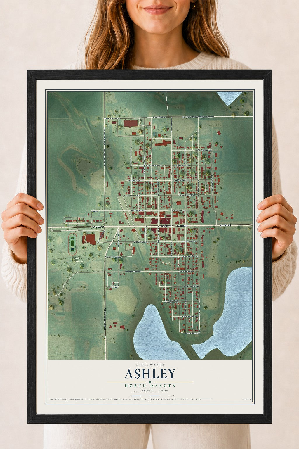 Map of Ashley, North Dakota, 18 x 24 inch print in a black wood frame