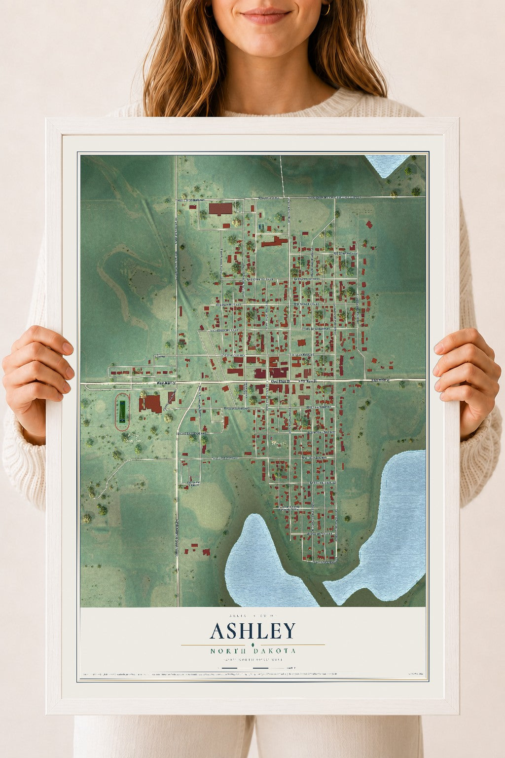 Map of Ashley, North Dakota, 18 x 24 inch print in a white wood frame