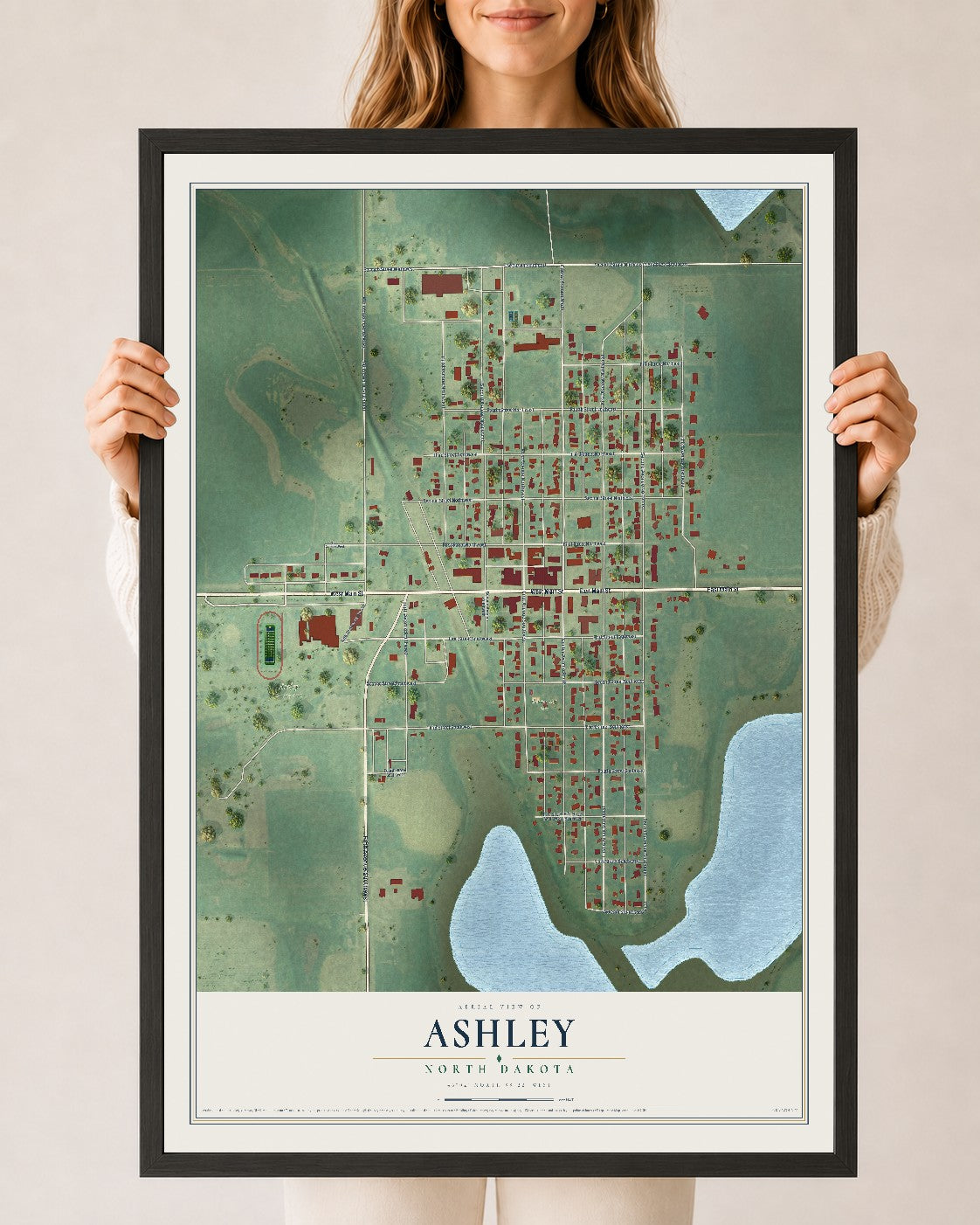 Map of Ashley, North Dakota, 24 x 36 inch print in a black wood frame