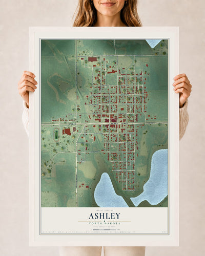 Map of Ashley, North Dakota, 24 x 36 inch print in a white wood frame