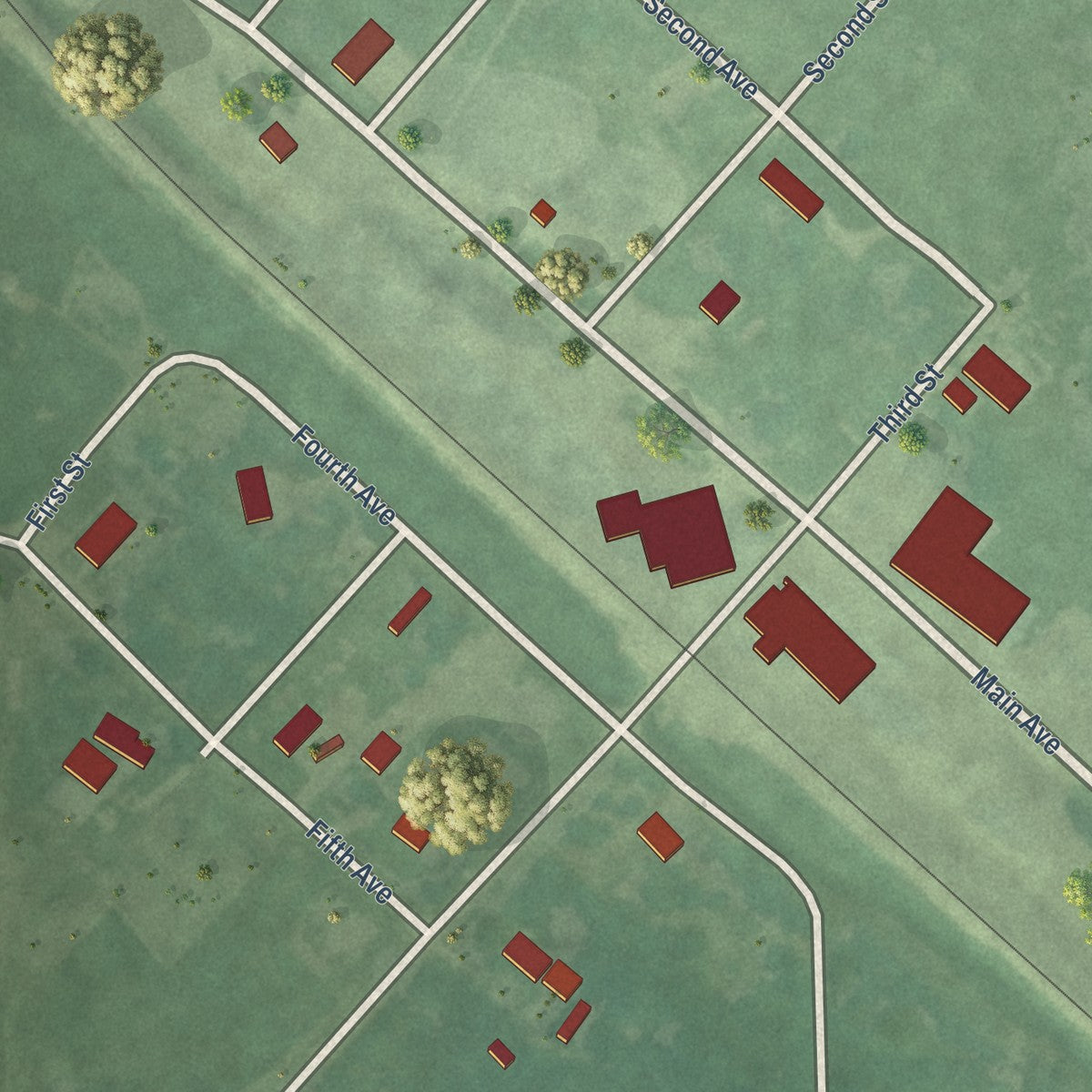 Close-up of the map of Ayr, North Dakota print showing street and building detail
