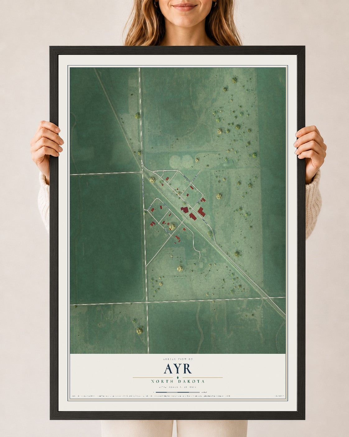 Map of Ayr, North Dakota, 24 x 36 inch print in a black wood frame