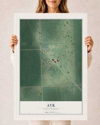 Map of Ayr, North Dakota, 24 x 36 inch print in a white wood frame