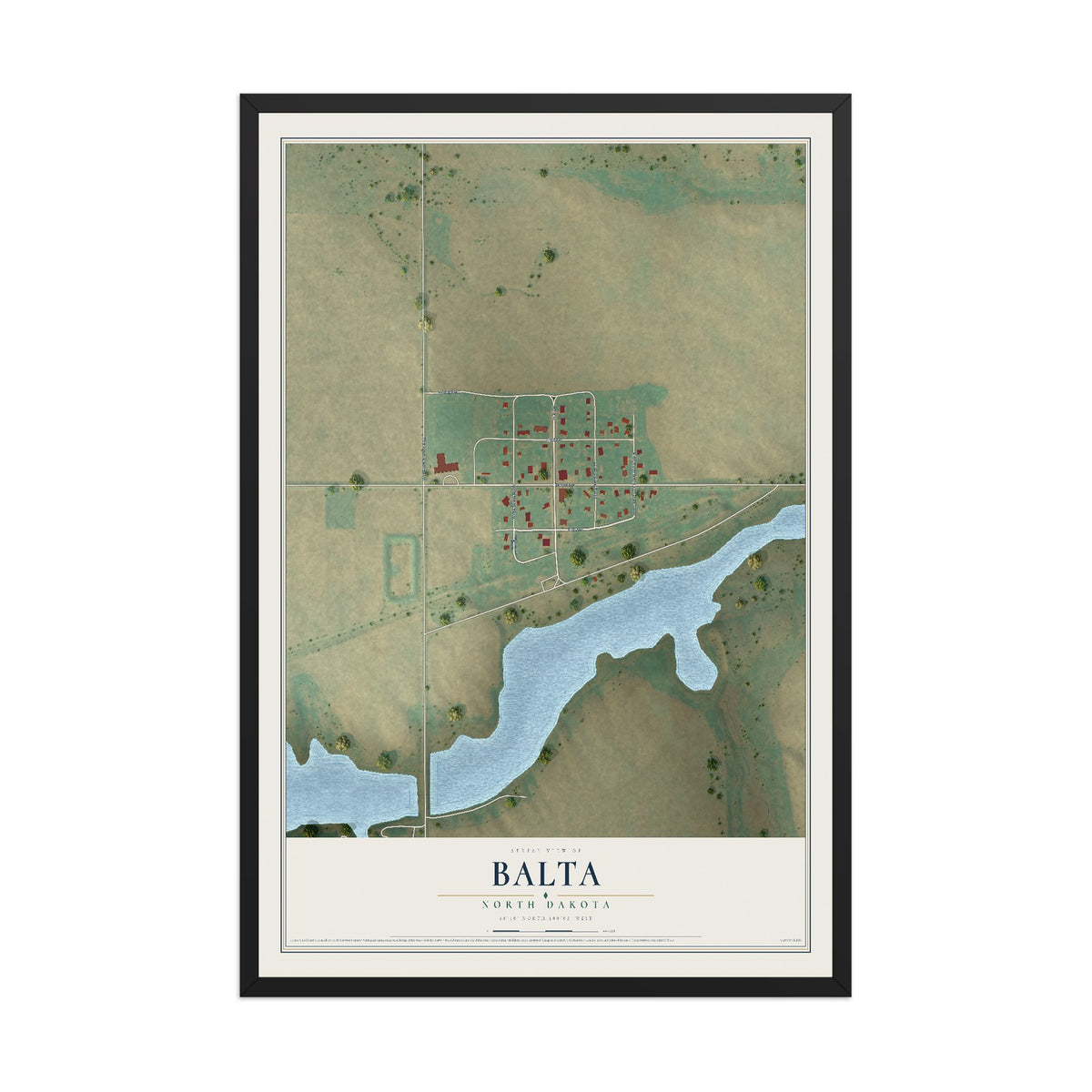 Map of Balta, North Dakota, 12 x 18 inch print in a black wood frame