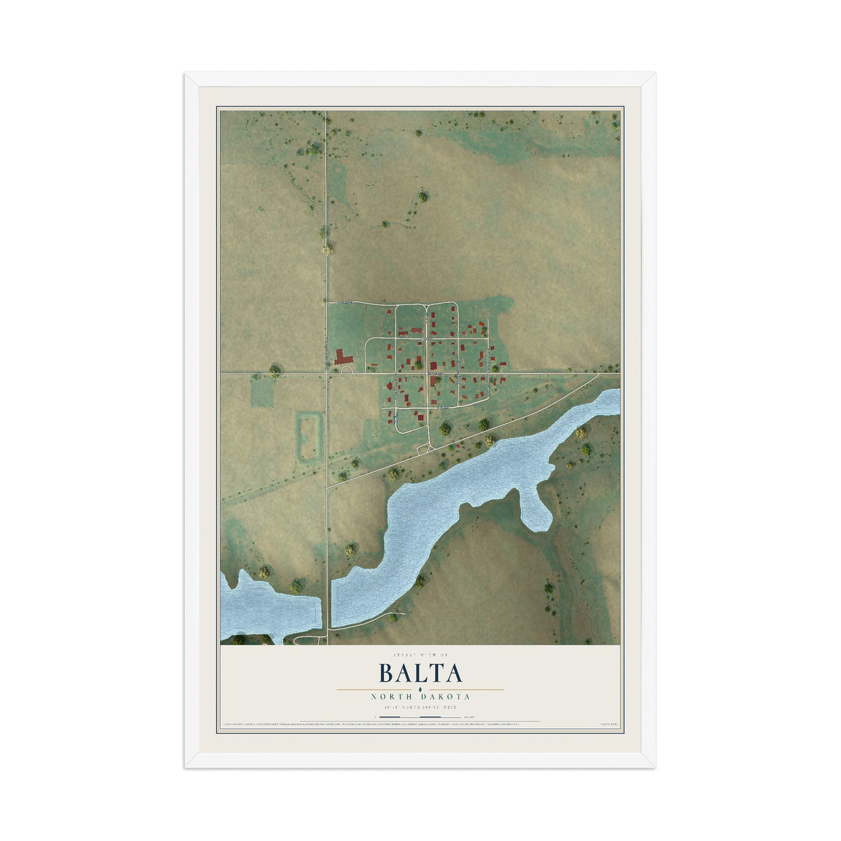 Map of Balta, North Dakota, 12 x 18 inch print in a white wood frame