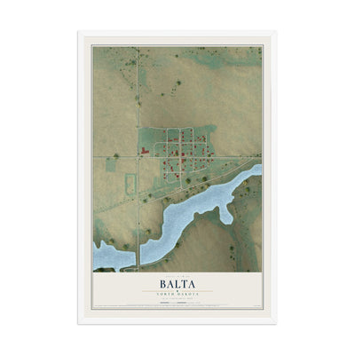 Map of Balta, North Dakota, 12 x 18 inch print in a white wood frame