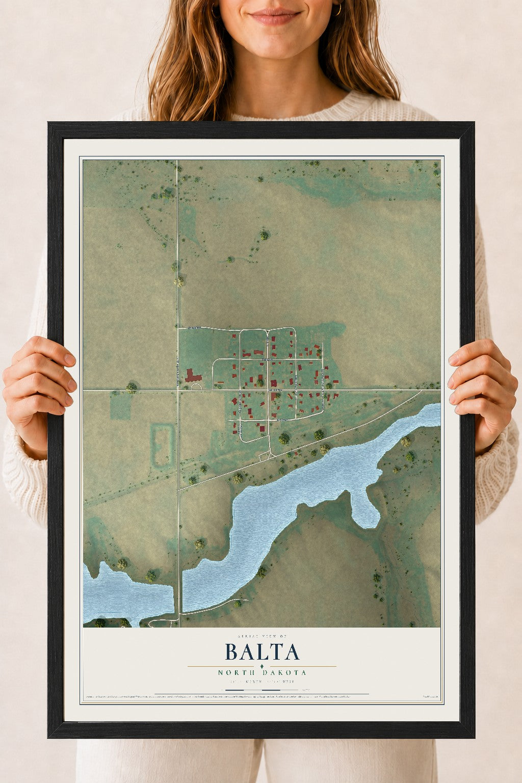 Map of Balta, North Dakota, 18 x 24 inch print in a black wood frame